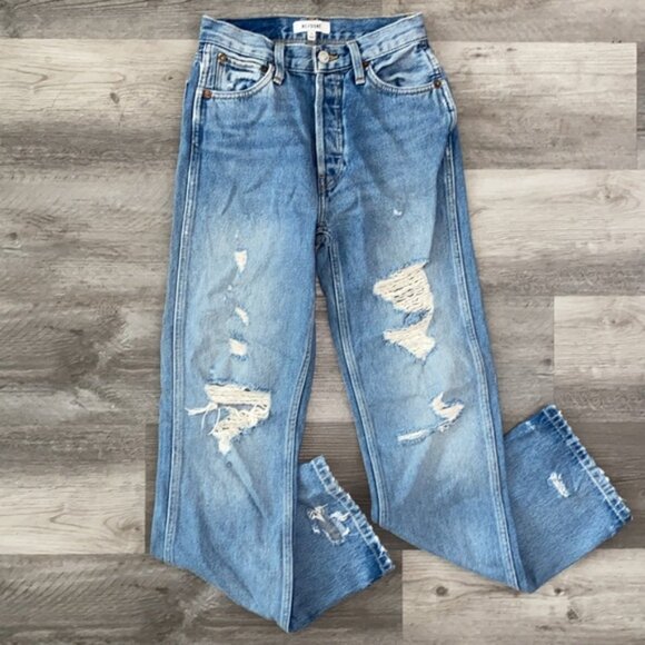 Re/Done 90s High Rise Loose Jeans 24 Blue Distressed 100% Cotton Button Fly Boho - Picture 7 of 13